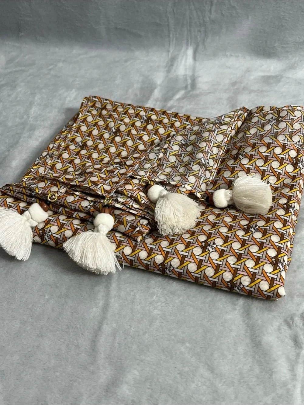 Tory Burch Brown and Cream Geometric Tassel Throw